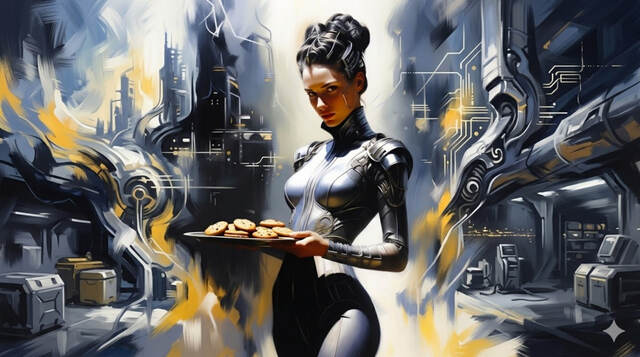 Futuristic hostess offering a plate of cookies